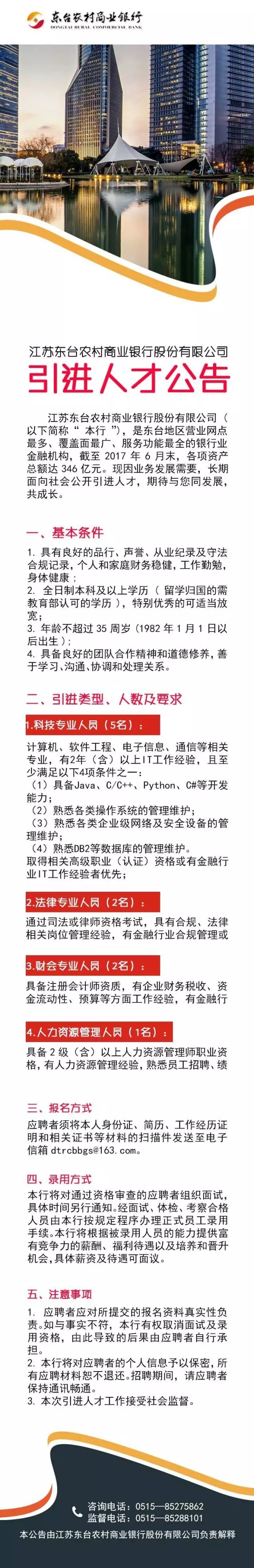 2017年東臺農商銀行引進人才公告